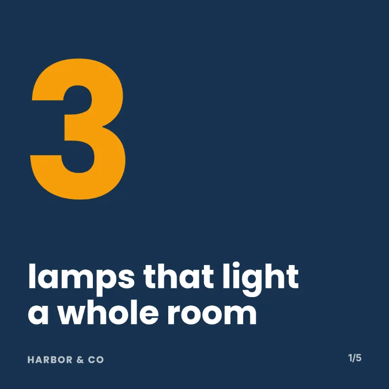 Carousel cover for Harbor & Co on navy: a large amber 3 above 'lamps that light a whole room' in white.