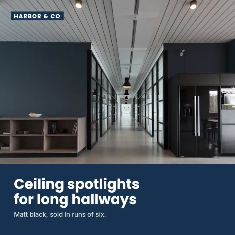 Generated post for Harbor & Co, a homeware shop: a photo of a long hallway lit by ceiling spotlights, with a navy band reading 'Ceiling spotlights for long hallways'.