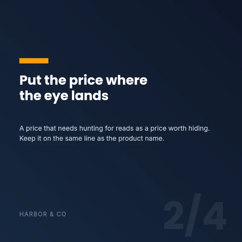 Slide 2 of 4 on the same layout: 'Put the price where the eye lands', explaining that a price which needs hunting for reads as one worth hiding.