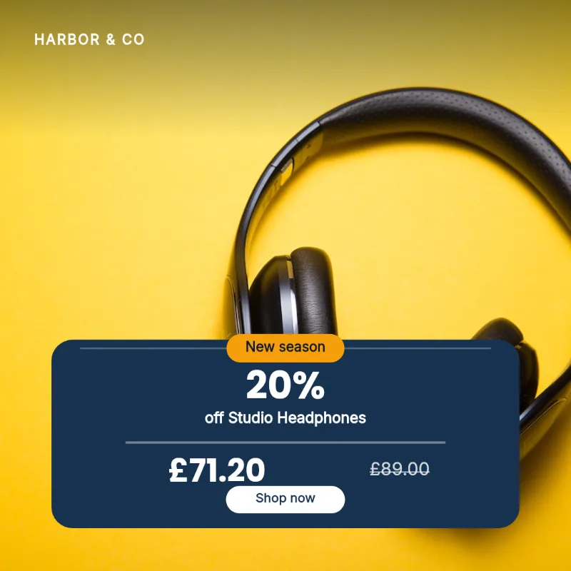 Generated social post: 20% off Studio Headphones, £71.20 reduced from £89.00, on a yellow product photo with the Harbor & Co brand mark.