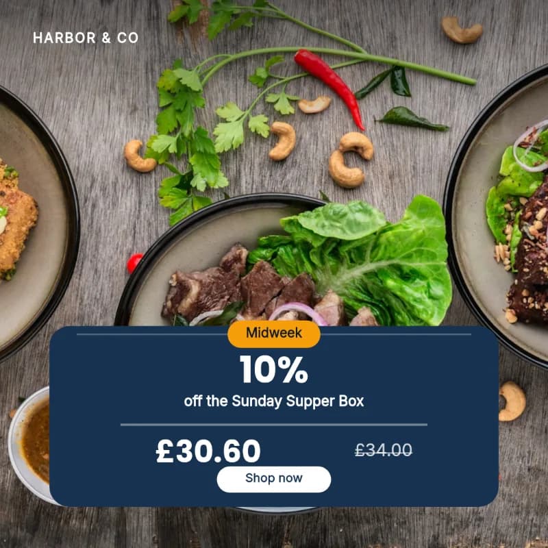 The same template a fourth time: 10% off the Sunday Supper Box, £30.60 reduced from £34.00, over a food photo.