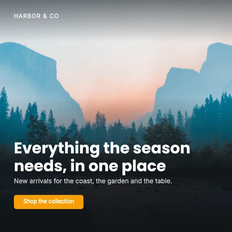 Generated social post with a full-bleed landscape photo, the headline 'Everything the season needs, in one place' and a Shop the collection button.
