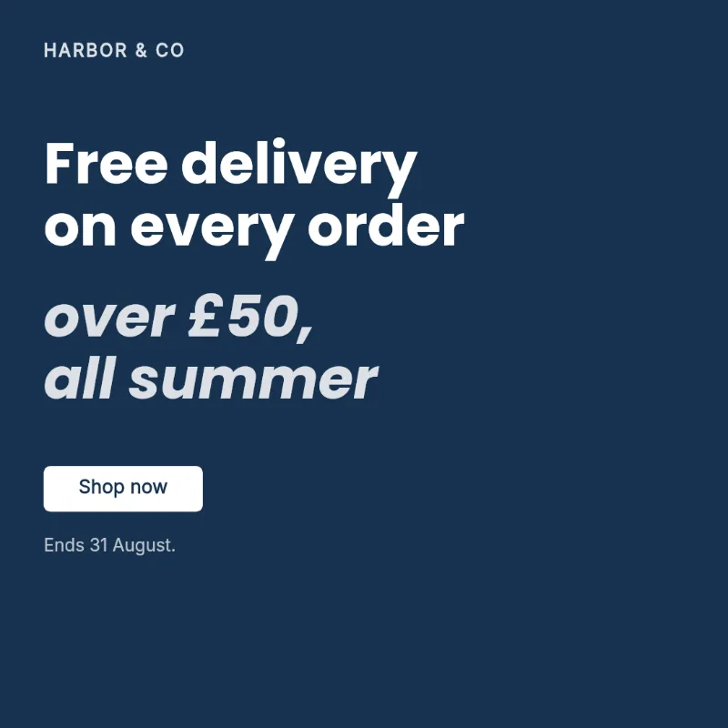 Generated social post on a solid navy background reading 'Free delivery on every order over £50, all summer'.