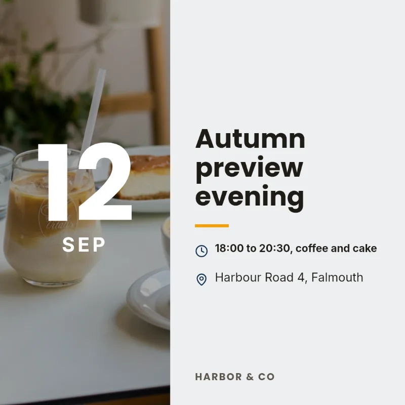 Generated event post: a large 12 SEP date over a café table photo, beside 'Autumn preview evening', 18:00 to 20:30 with coffee and cake, at Harbour Road 4, Falmouth.