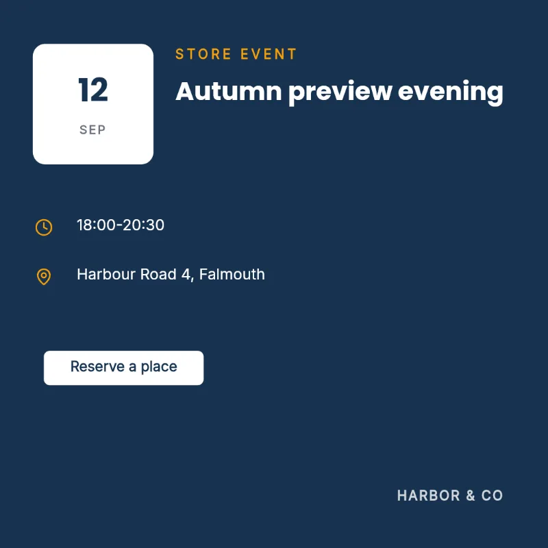 Generated event post showing 12 September, 'Autumn preview evening', the time and venue, and a Reserve a place button.