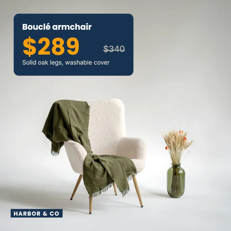 Generated offer post: a navy price tag reading 'Bouclé armchair, $289', with $340 struck through, over a photo of a cream armchair with a green throw.